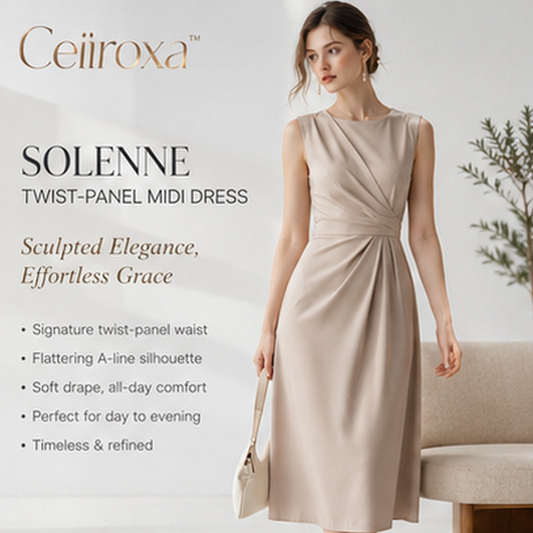 Ceiiroxa™ Solenne Twist-Panel Midi Dress – Women's Elegant Draped A-Line Cocktail Occasion Dress