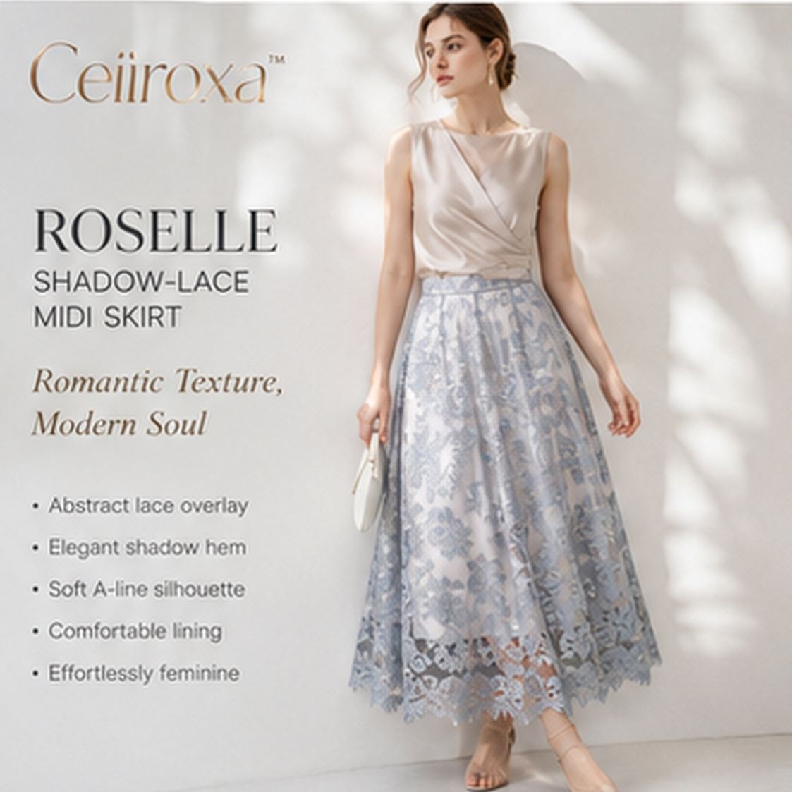 Ceiiroxa™ Roselle Shadow-Lace Layered Midi Skirt – Women's Romantic A-Line Occasion Skirt