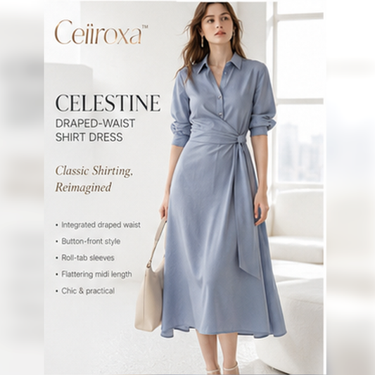Ceiiroxa™ Celestine Draped-Waist Shirt Dress – Women's Button-Front Long-Sleeve Midi Work Dress